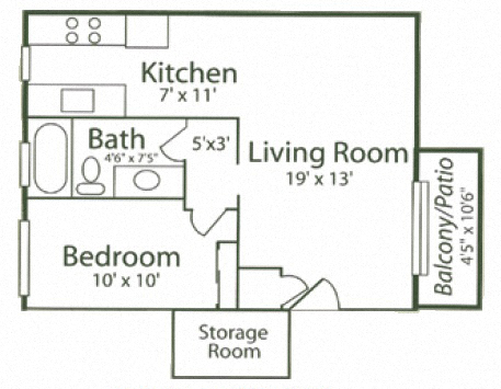 Floor plan for 1 bed, 1 bath, 614 sqft